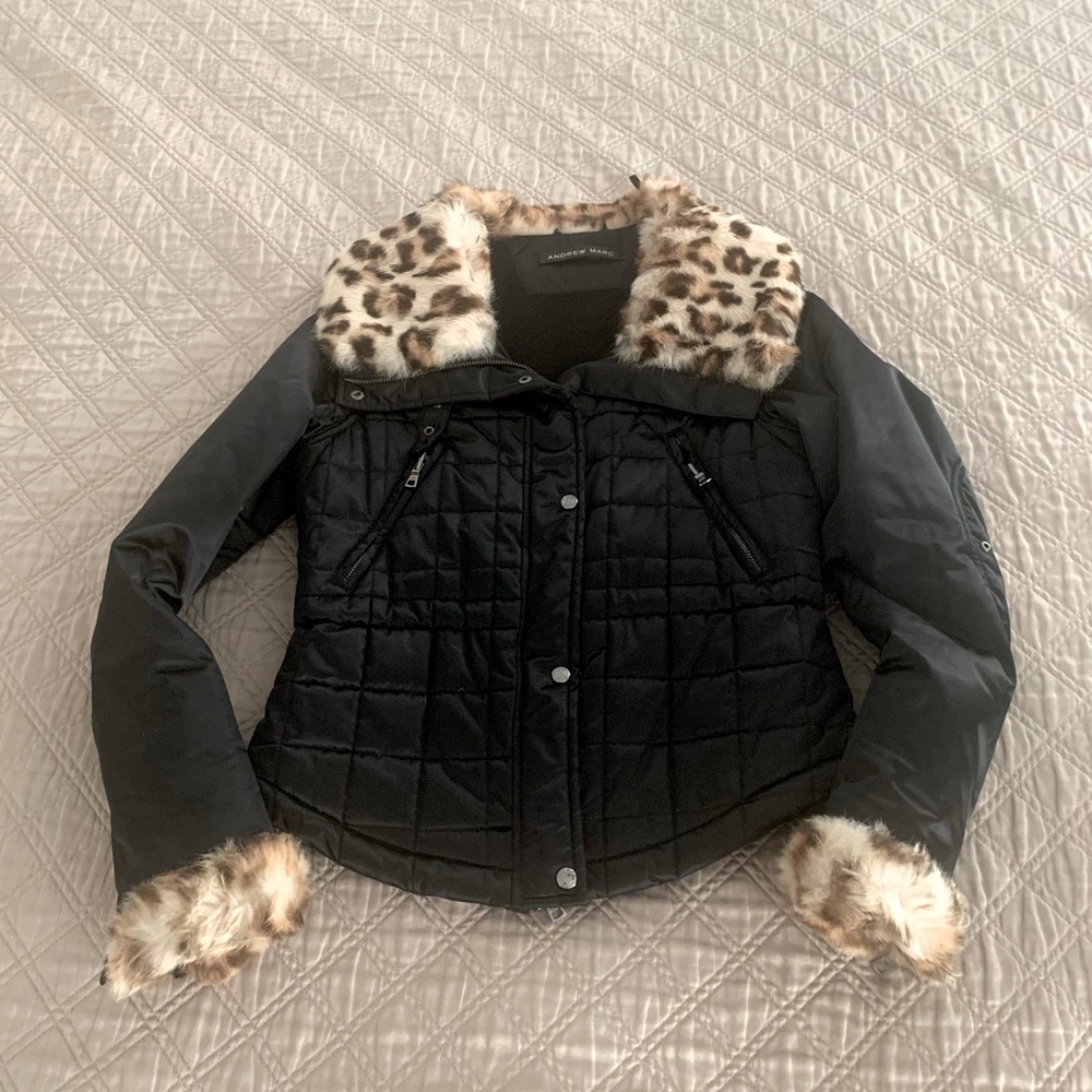 Andrew Marc Thermore Black Puffer Jacket W/Faux Leopard Fur at Collar and Cuffs